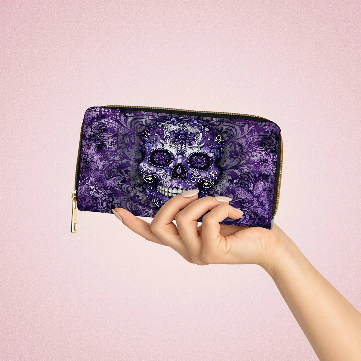  Leather Clutch Purse With Wristlet Strap Handle Gorgeous Mandala Skull