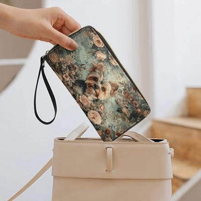  Leather Clutch Purse With Wristlet Strap Handle Yorkie Blossom Luxe