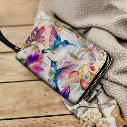  Leather Clutch Purse With Wristlet Strap Handle Floral Hummingbird Elegance