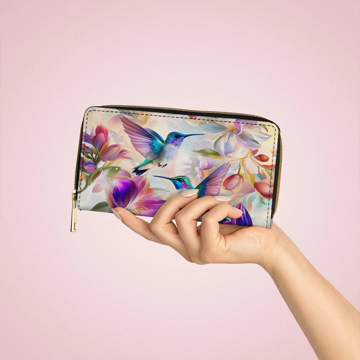  Leather Clutch Purse With Wristlet Strap Handle Floral Hummingbird Elegance