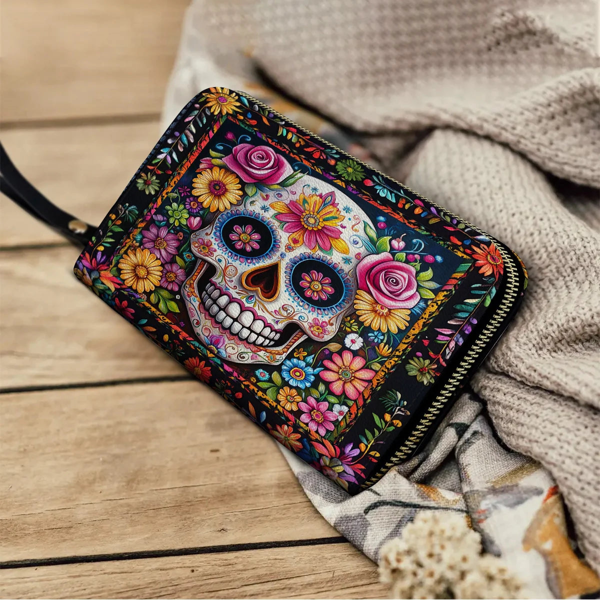  Leather Clutch Purse With Wristlet Strap Handle Calavera Floral Dreams