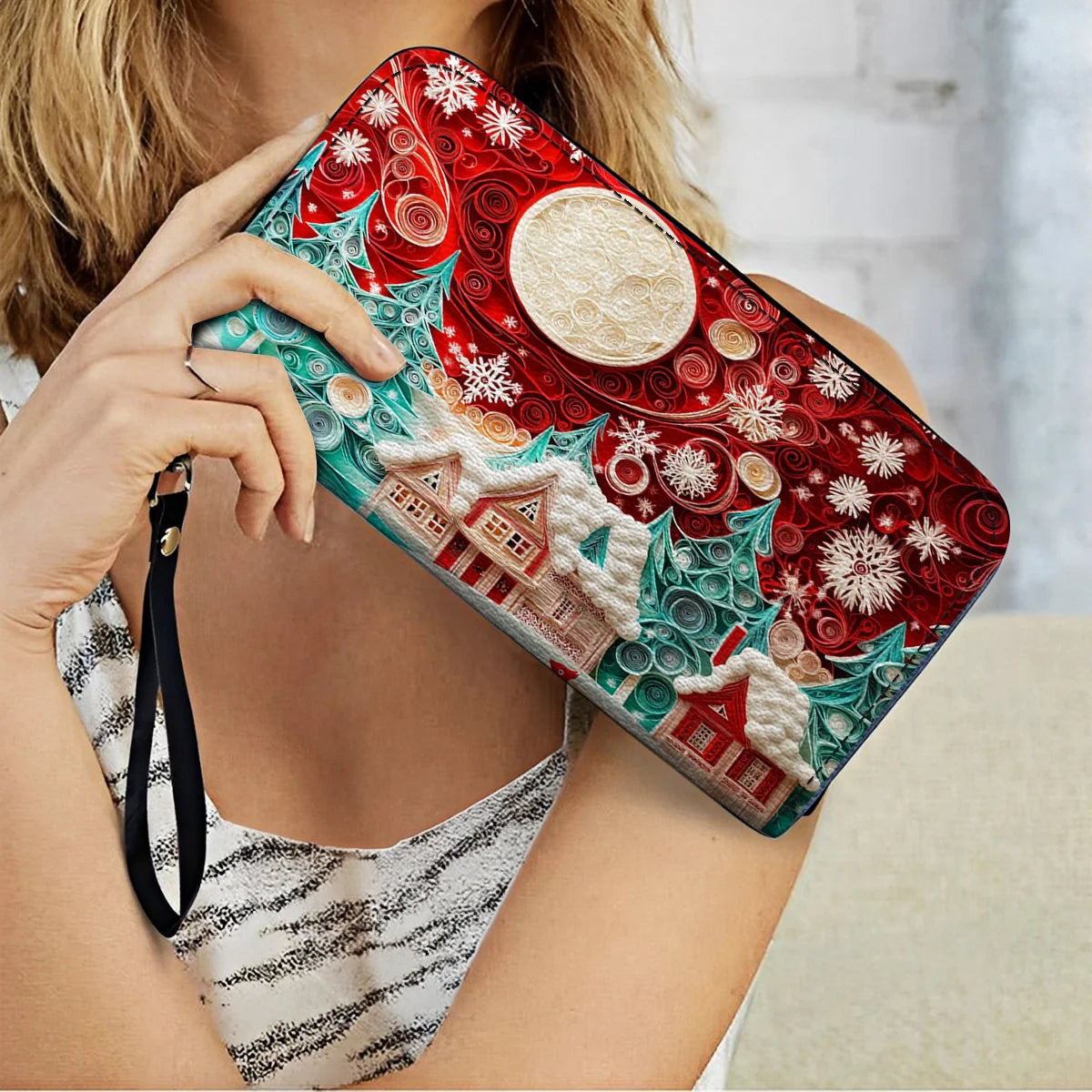  Leather Clutch Purse With Wristlet Strap Handle Christmas Village