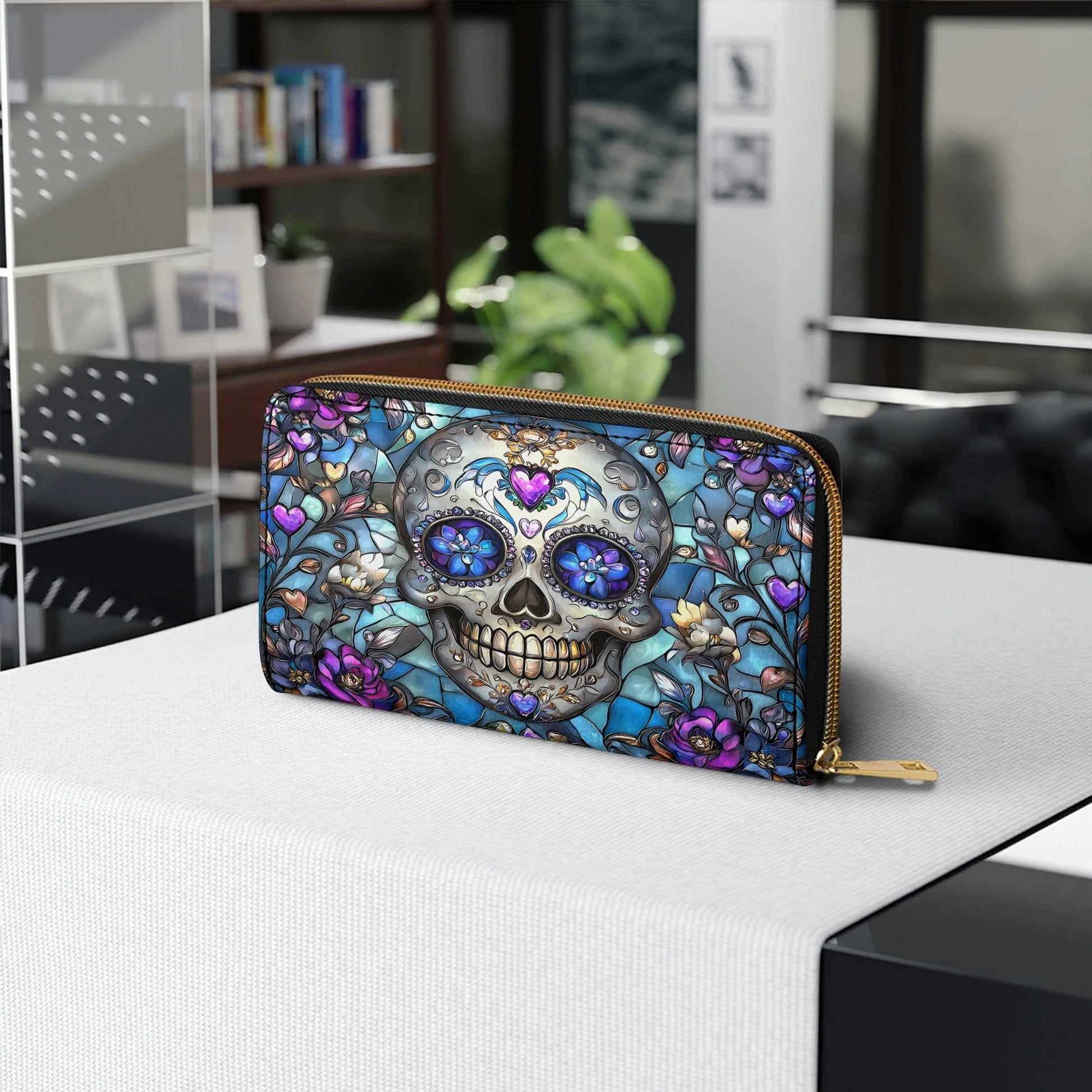  Leather Clutch Purse With Wristlet Strap Handle Lumina Gothic Skull