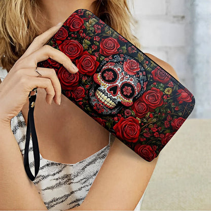  Leather Clutch Purse With Wristlet Strap Handle Roses & Sugar Skull Elegance