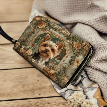  Leather Clutch Purse With Wristlet Strap Handle Luxe Yorkie Companion