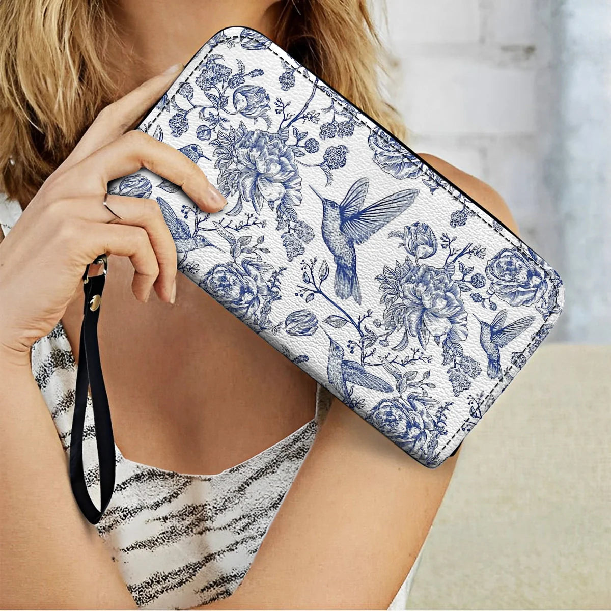  Leather Clutch Purse With Wristlet Strap Handle Hummingbird Serenity