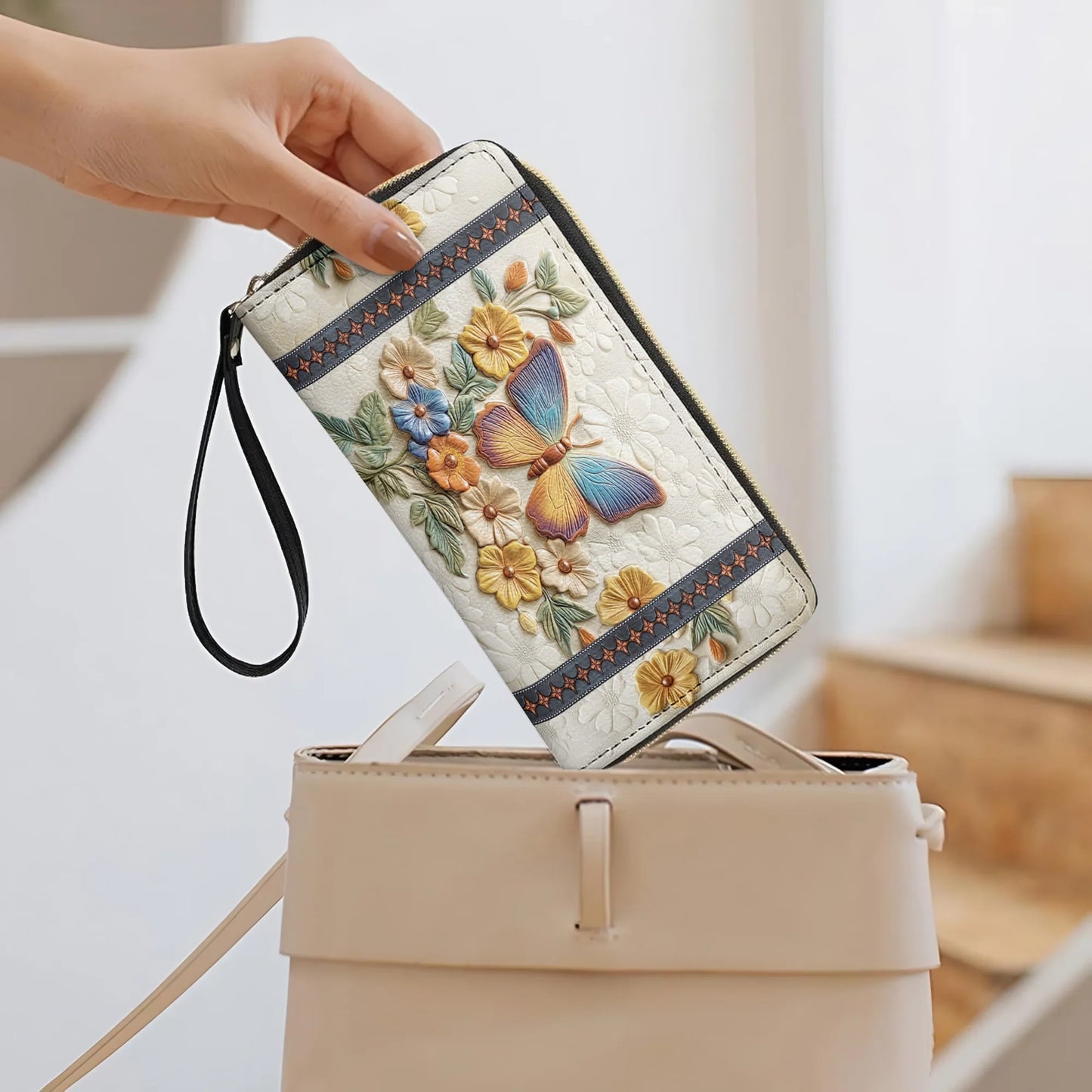  Leather Clutch Purse With Wristlet Strap Handle Butterfly Enchantment