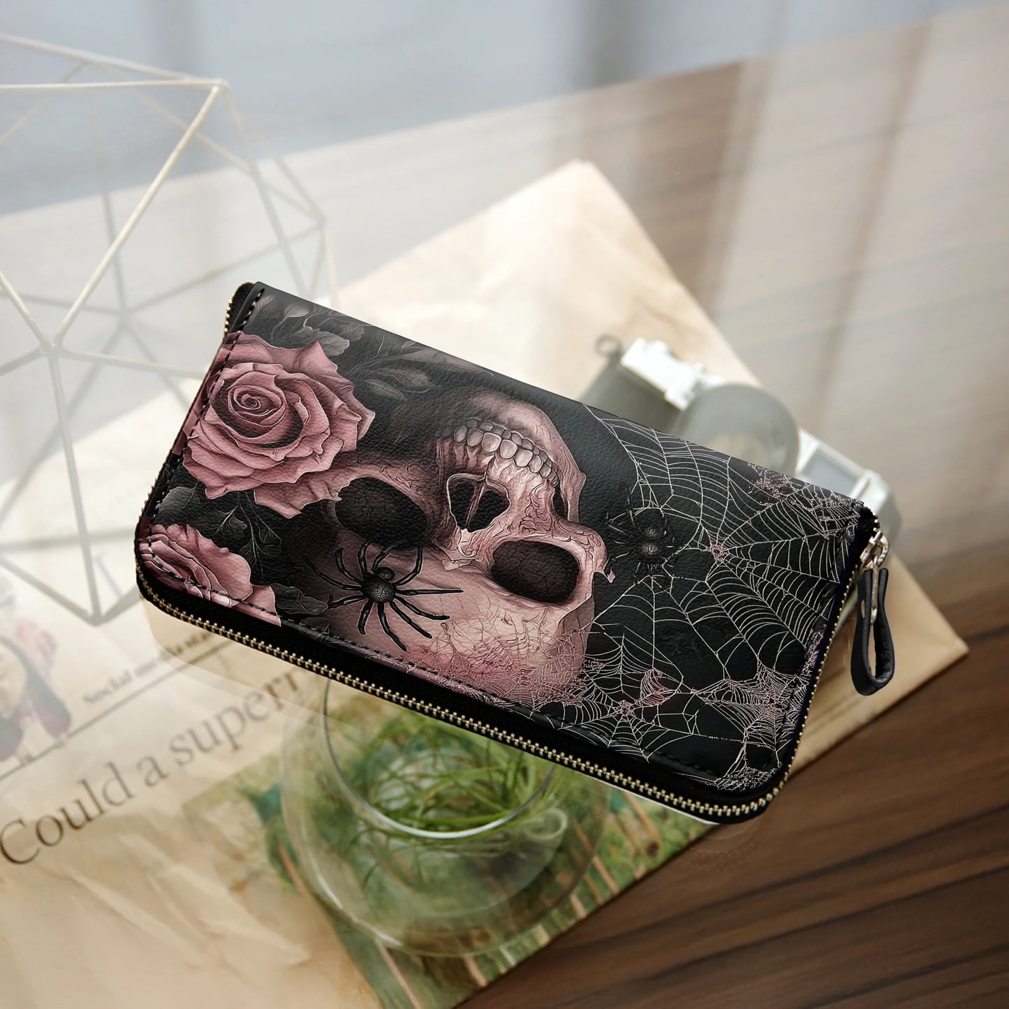  Leather Clutch Purse With Wristlet Strap Handle Eternal Bloom Skull