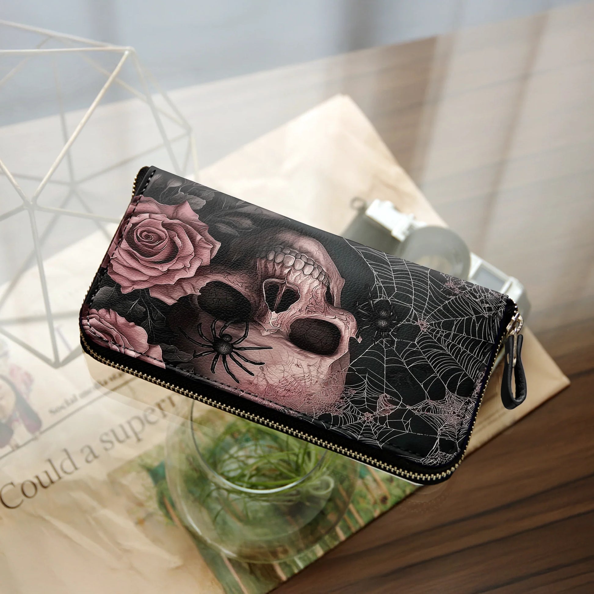  Leather Clutch Purse With Wristlet Strap Handle Eternal Bloom Skull