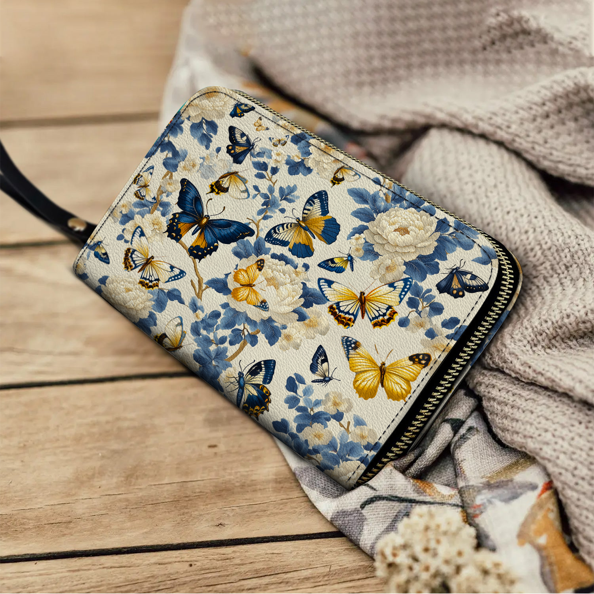  Leather Clutch Purse With Wristlet Strap Handle Butterfly Garden Royal