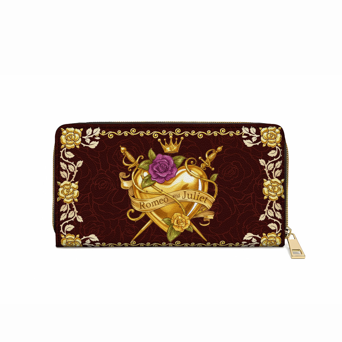  Leather Clutch Purse With Wristlet Strap Handle Romeo & Juliet Golden Heart