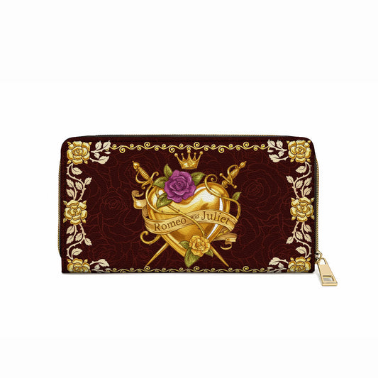  Leather Clutch Purse With Wristlet Strap Handle Romeo & Juliet Golden Heart