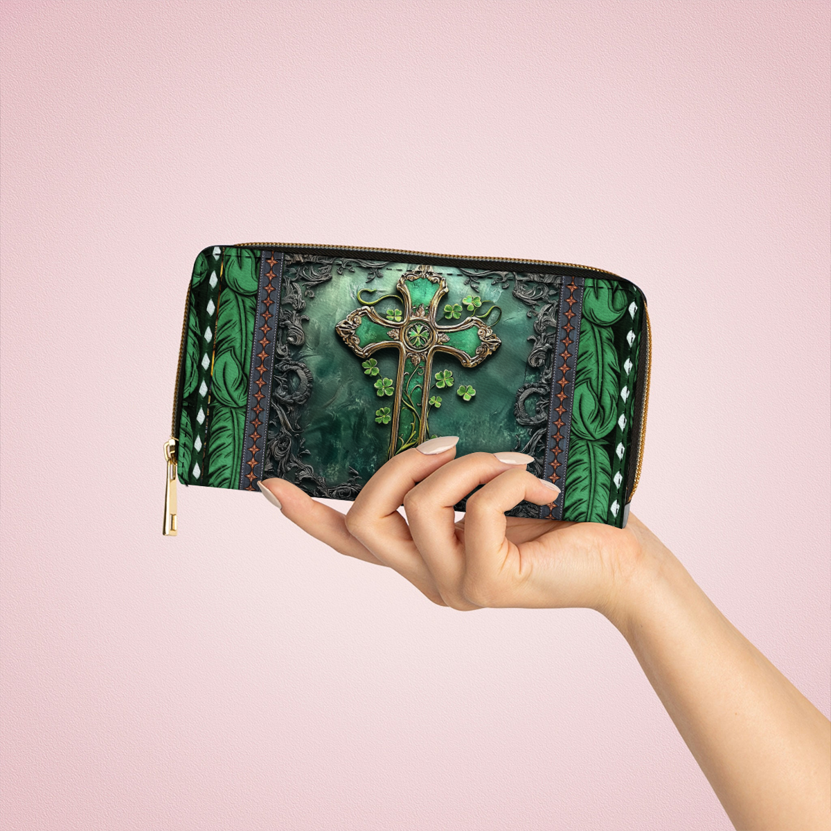  Leather Clutch Purse With Wristlet Strap Handle Emerald Faith