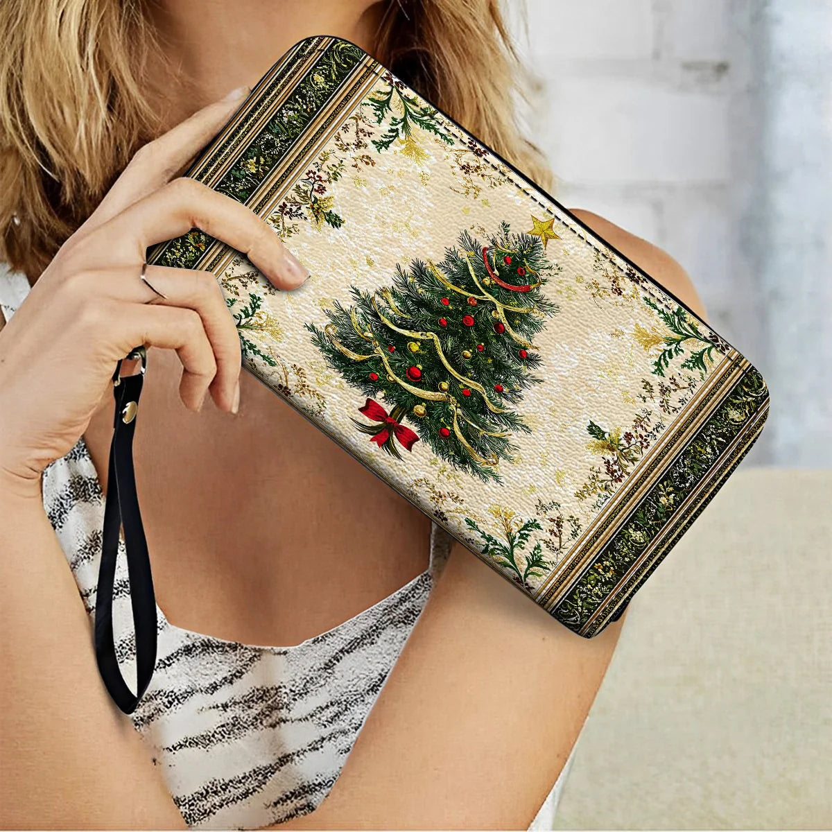  Leather Clutch Purse With Wristlet Strap Handle Classic Christmas Tree