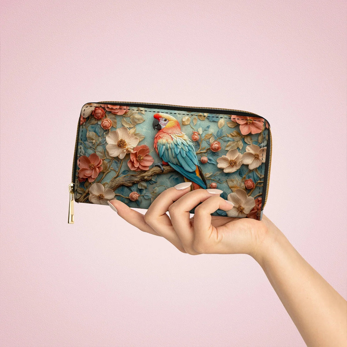  Leather Clutch Purse With Wristlet Strap Handle Macaw Majesty