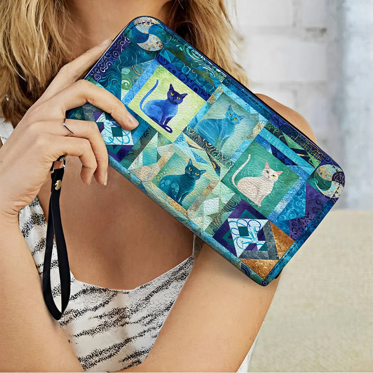  Leather Clutch Purse With Wristlet Strap Handle Mystic Cat
