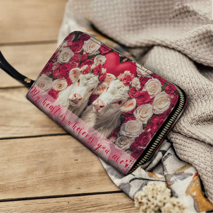  Leather Clutch Purse With Wristlet Strap Handle Valentine Cow Charm