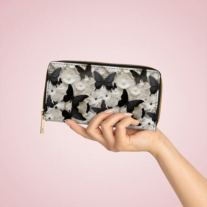  Leather Clutch Purse With Wristlet Strap Handle Black Butterfly