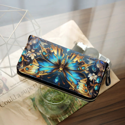  Leather Clutch Purse With Wristlet Strap Handle Butterfly Ethereal Radiance