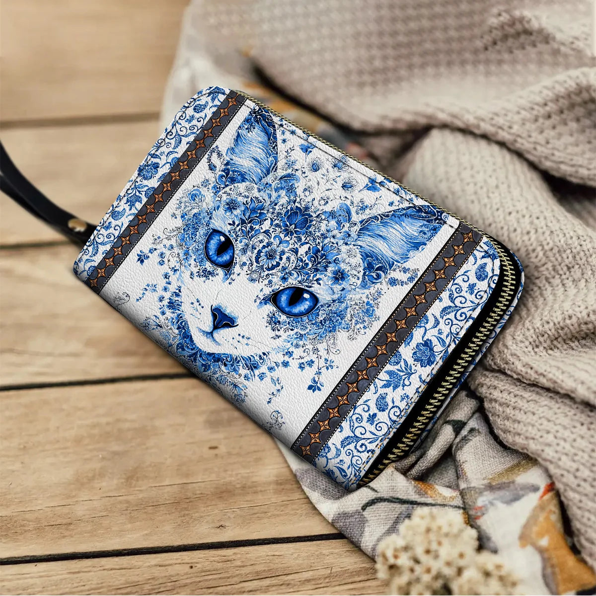  Leather Clutch Purse With Wristlet Strap Handle Blue Beauty Cat