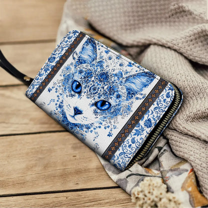  Leather Clutch Purse With Wristlet Strap Handle Blue Beauty Cat