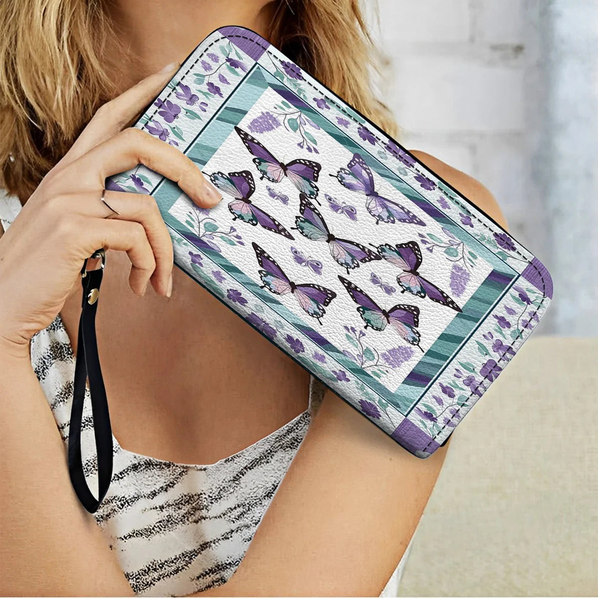  Leather Clutch Purse With Wristlet Strap Handle Purple Butterfly & Floral