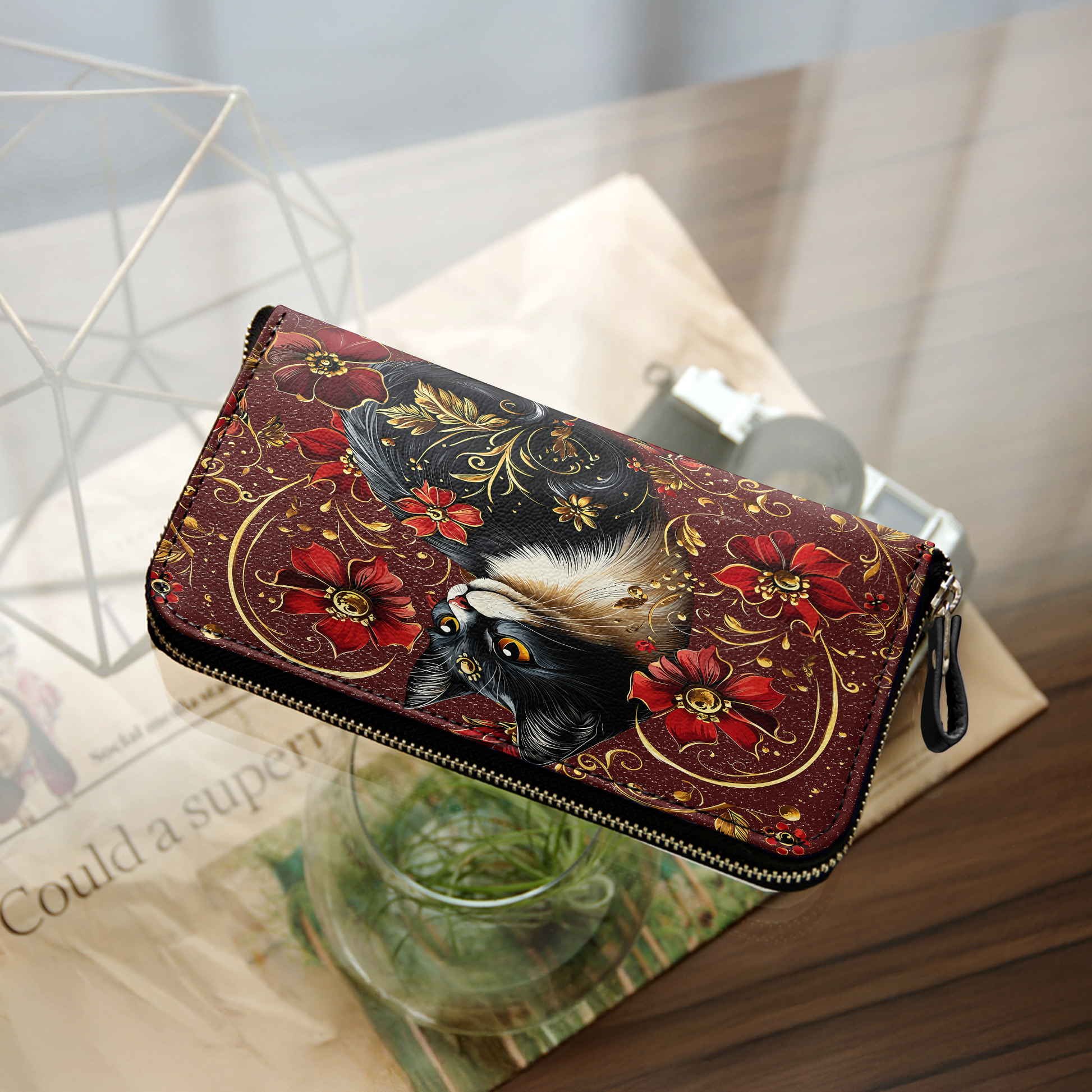  Leather Clutch Purse With Wristlet Strap Handle Leather Bag Midnight Bloom