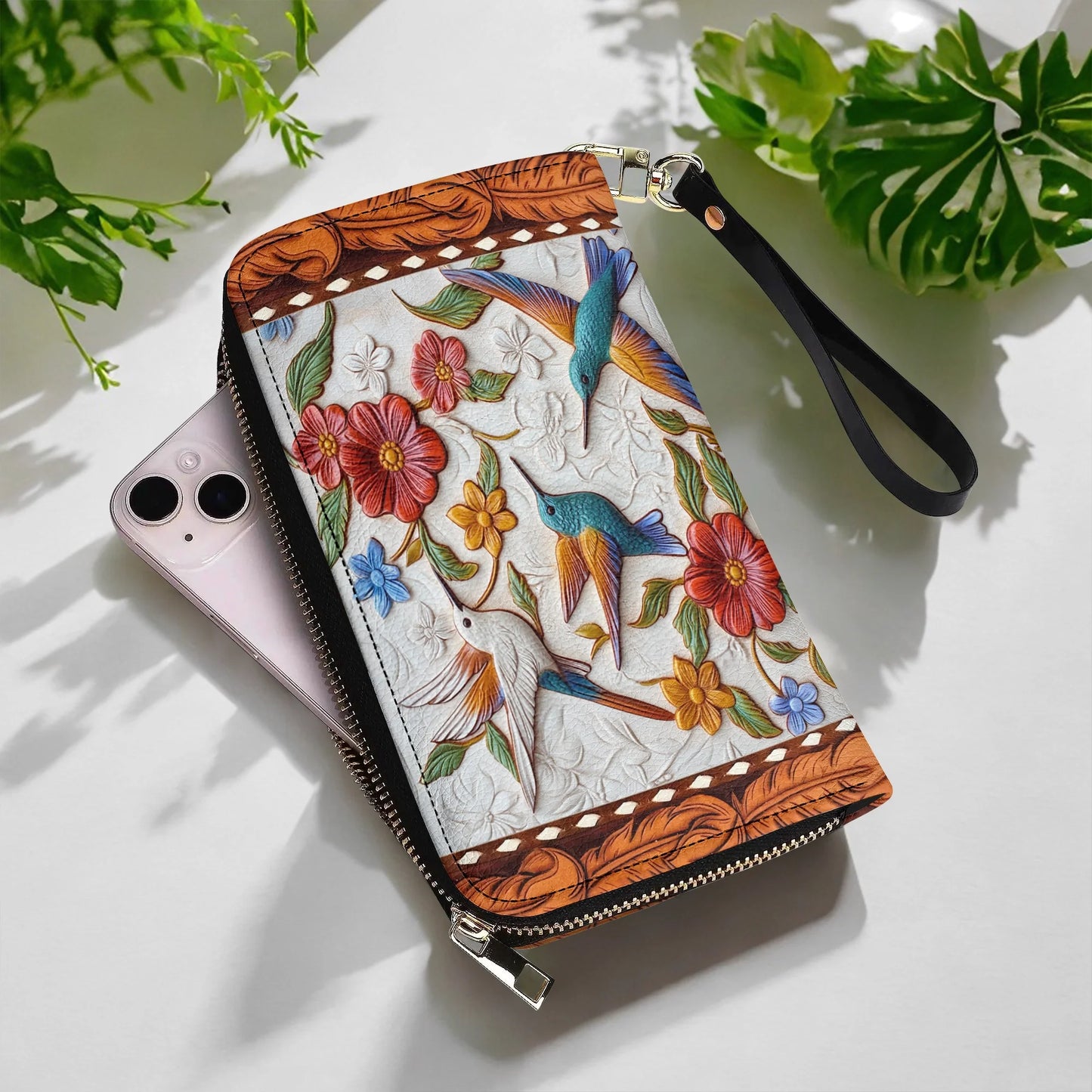  Leather Clutch Purse With Wristlet Strap Handle Hummingbird Blossom Flight