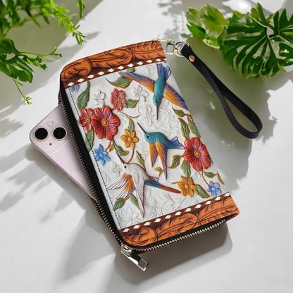  Leather Clutch Purse With Wristlet Strap Handle Hummingbird Blossom Flight