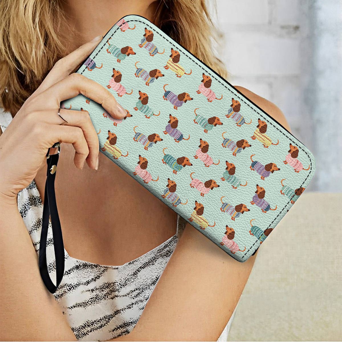  Leather Clutch Purse With Wristlet Strap Handle Colorful Dachshunds Ver2