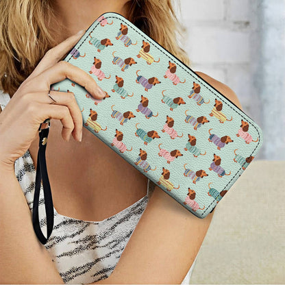  Leather Clutch Purse With Wristlet Strap Handle Colorful Dachshunds Ver2