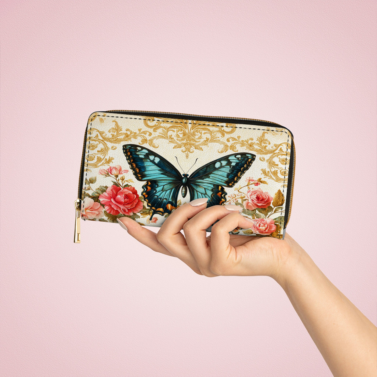  Leather Clutch Purse With Wristlet Strap Handle Butterfly Rose Whisper