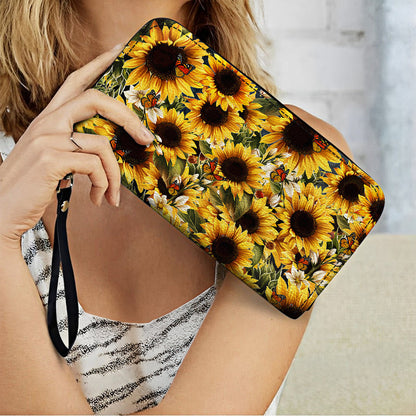  Leather Clutch Purse With Wristlet Strap Handle Gorgeous Sunflower