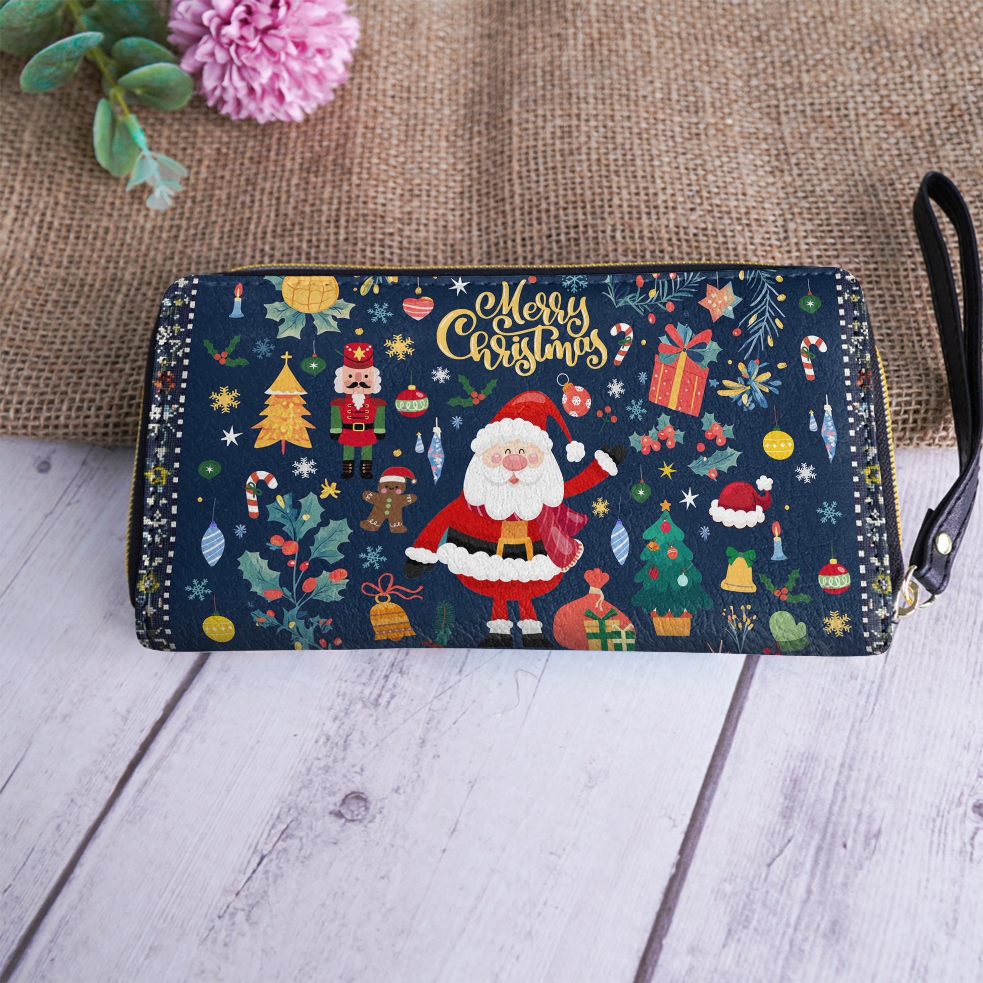  Leather Clutch Purse With Wristlet Strap Handle Christmas Festive Cheer