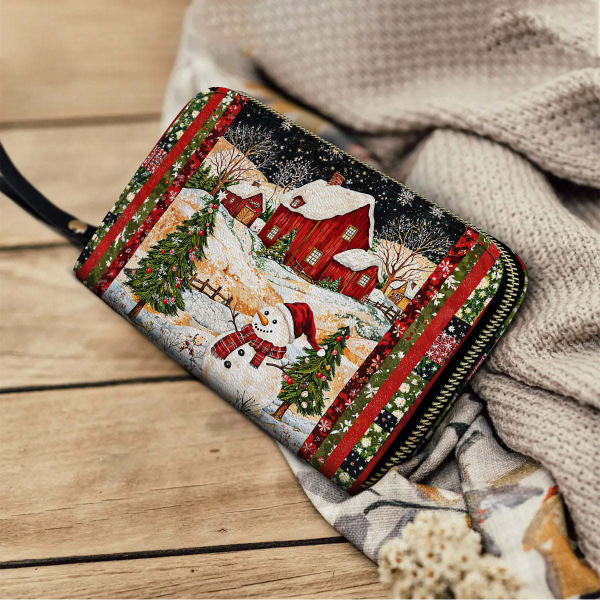  Leather Clutch Purse With Wristlet Strap Handle Snowman's Christmas Dream