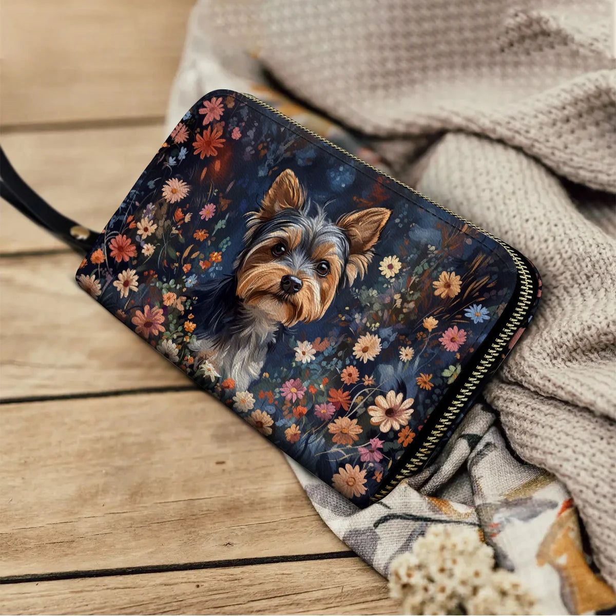  Leather Clutch Purse With Wristlet Strap Handle Enchanted Yorkie Bloom