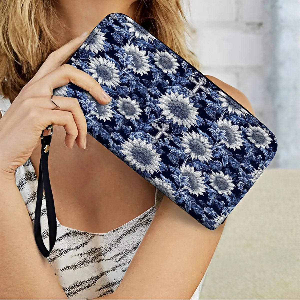  Leather Clutch Purse With Wristlet Strap Handle Midnight Blue Sunflower Cross