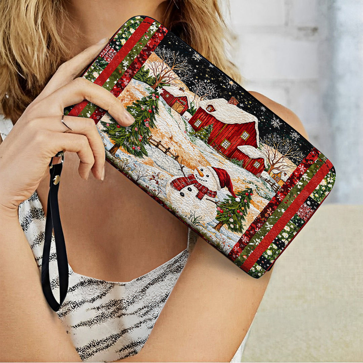  Leather Clutch Purse With Wristlet Strap Handle Snowman's Christmas Dream