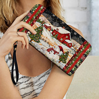  Leather Clutch Purse With Wristlet Strap Handle Snowman's Christmas Dream