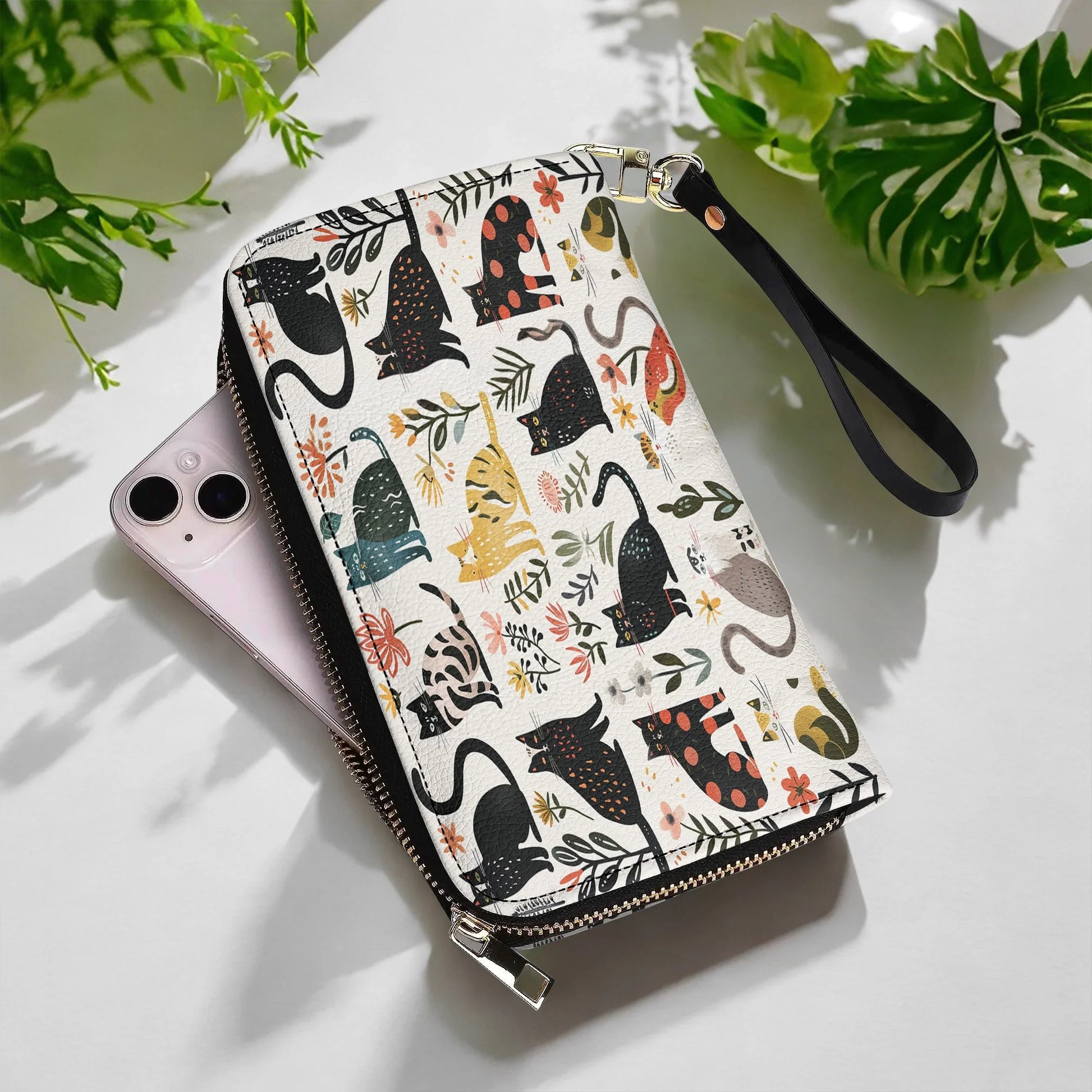  Leather Clutch Purse With Wristlet Strap Handle Botanical Cat Bliss