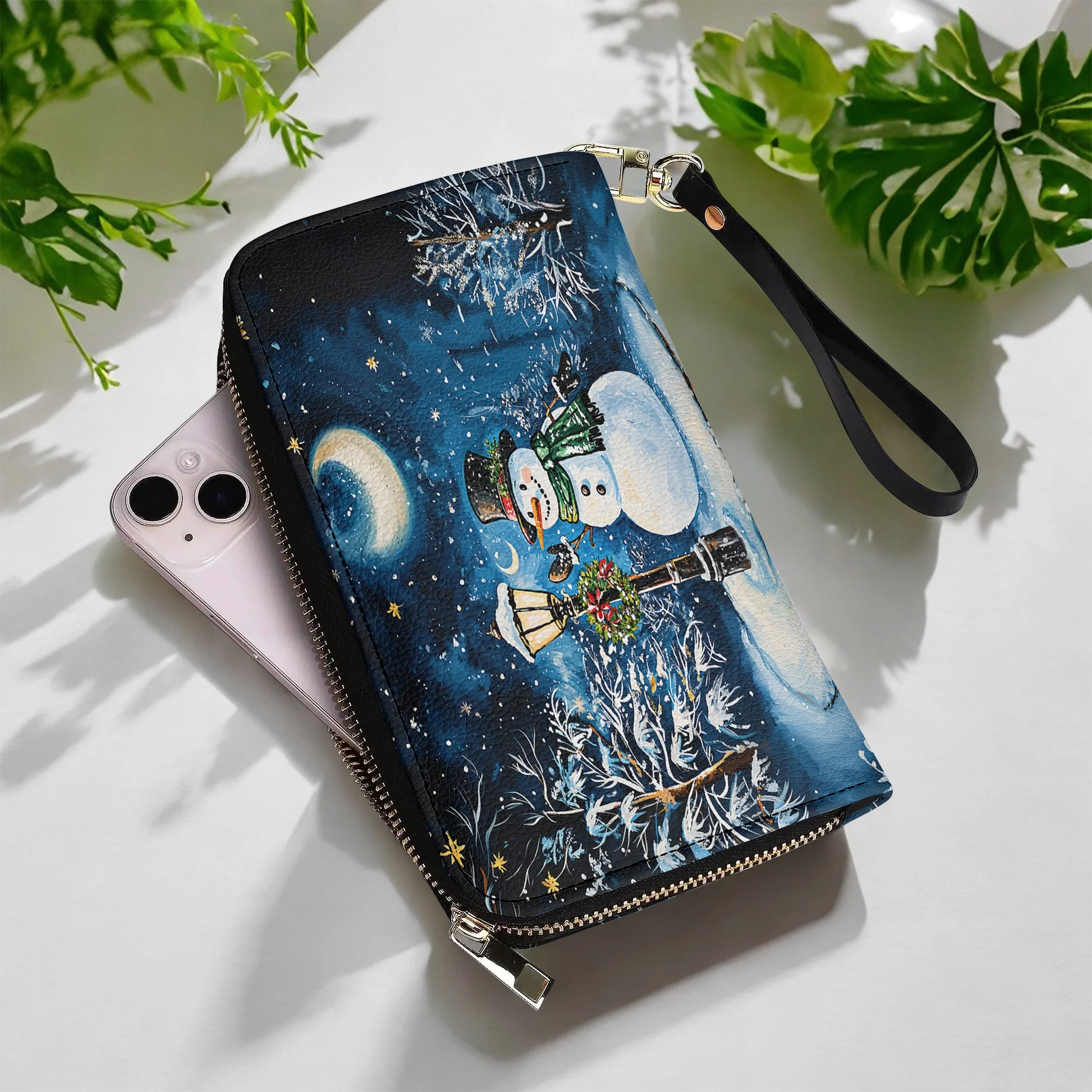  Leather Clutch Purse With Wristlet Strap Handle Frosty Night