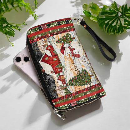  Leather Clutch Purse With Wristlet Strap Handle Snowman's Christmas Dream
