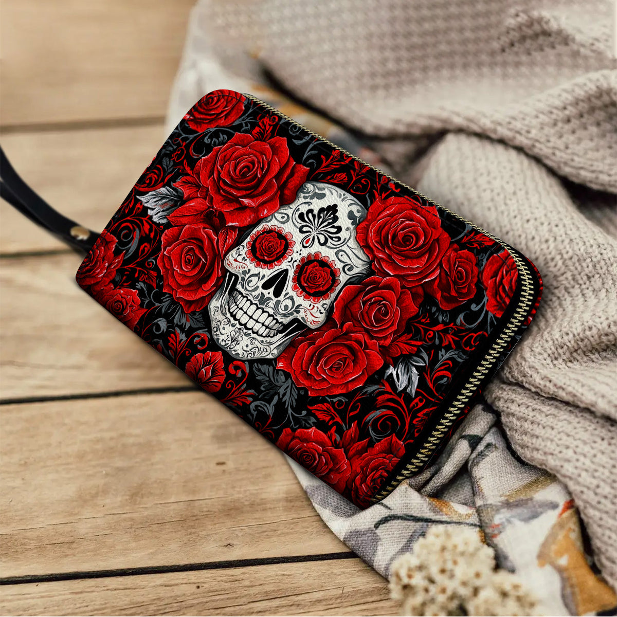  Leather Clutch Purse With Wristlet Strap Handle Elegant Red Roses Skull