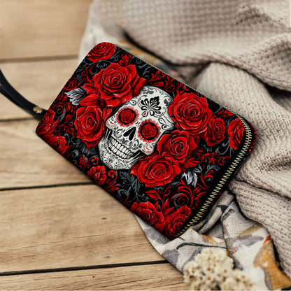  Leather Clutch Purse With Wristlet Strap Handle Elegant Red Roses Skull