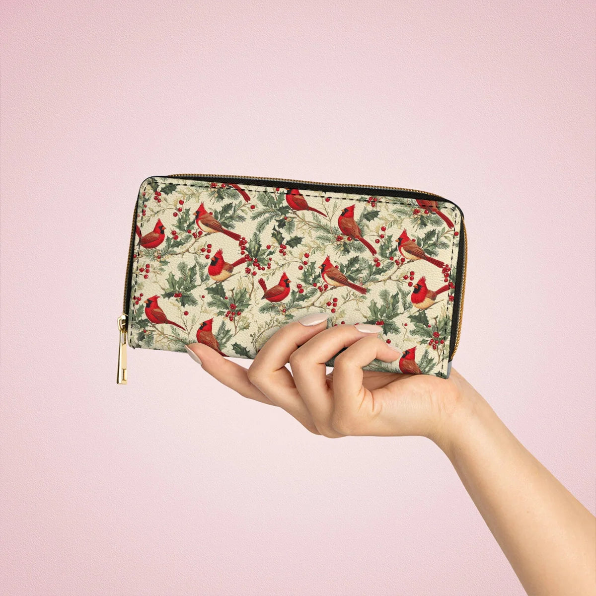  Leather Clutch Purse With Wristlet Strap Handle Winter Cardinal Harmony