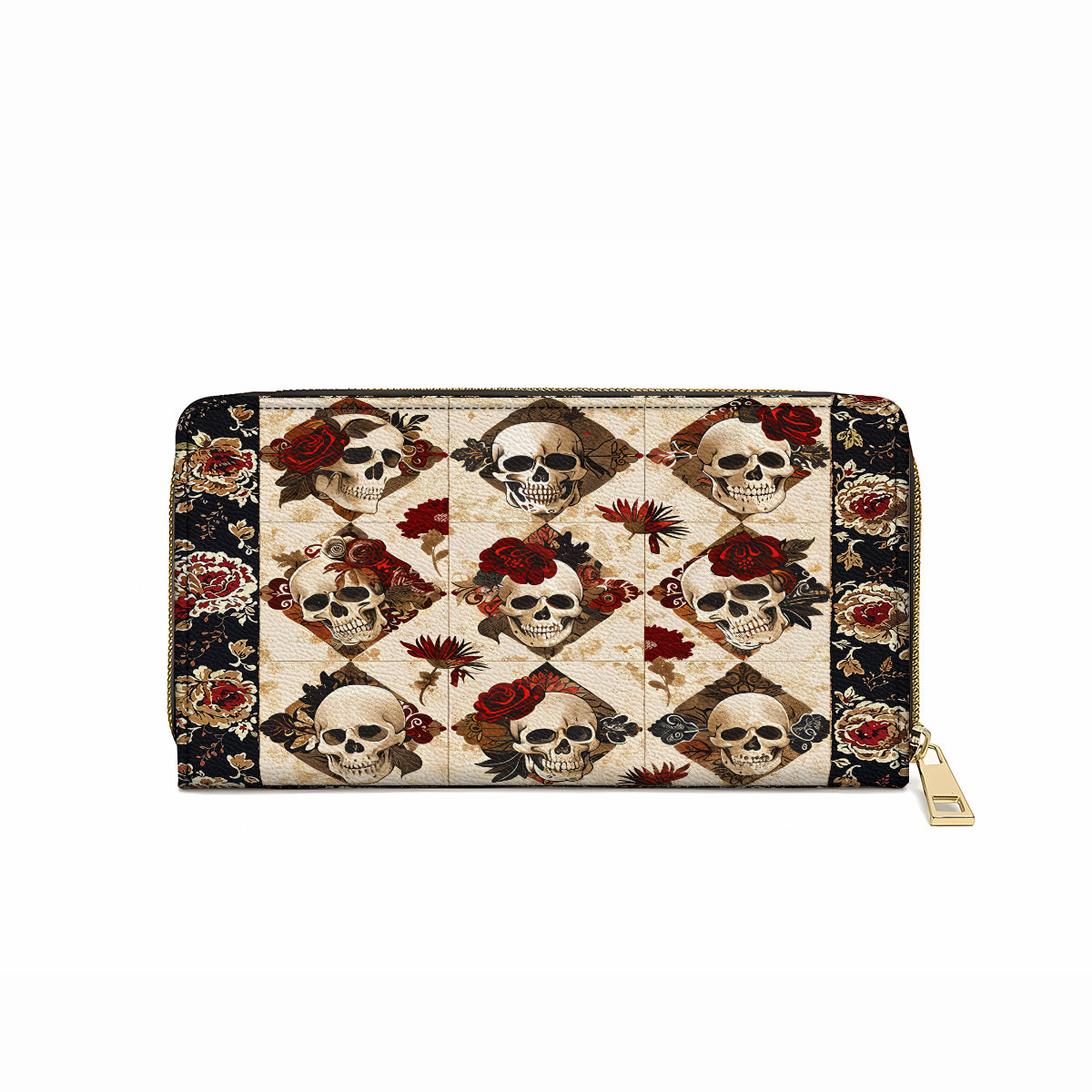  Leather Clutch Purse With Wristlet Strap Handle Charming Skull Roses