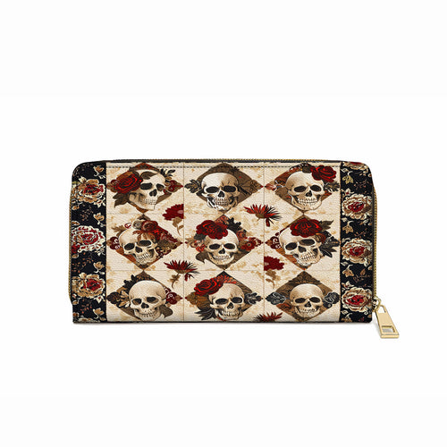 Leather Clutch Purse With Wristlet Strap Handle Charming Skull Roses