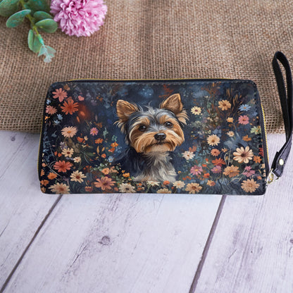  Leather Clutch Purse With Wristlet Strap Handle Enchanted Yorkie Bloom