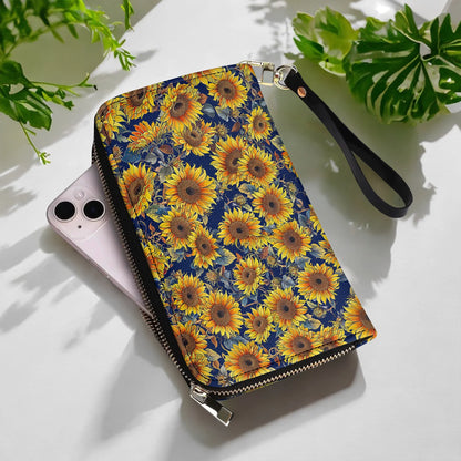  Leather Clutch Purse With Wristlet Strap Handle Sunflower Gorgeous Flower