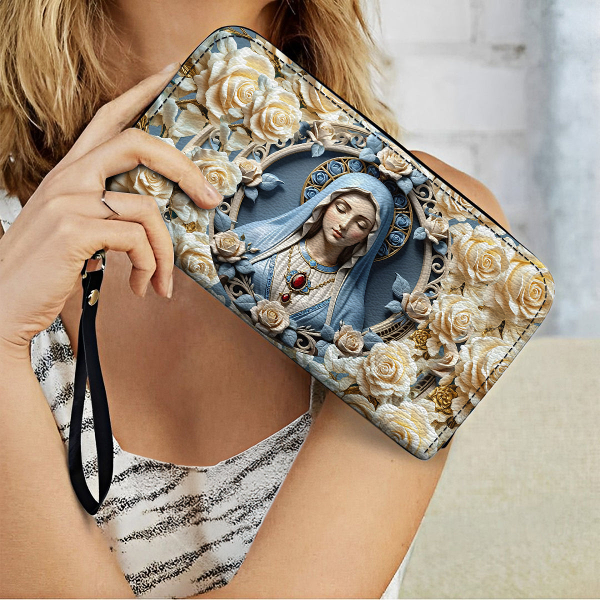  Leather Clutch Purse With Wristlet Strap Handle Blessed Virgin Mary